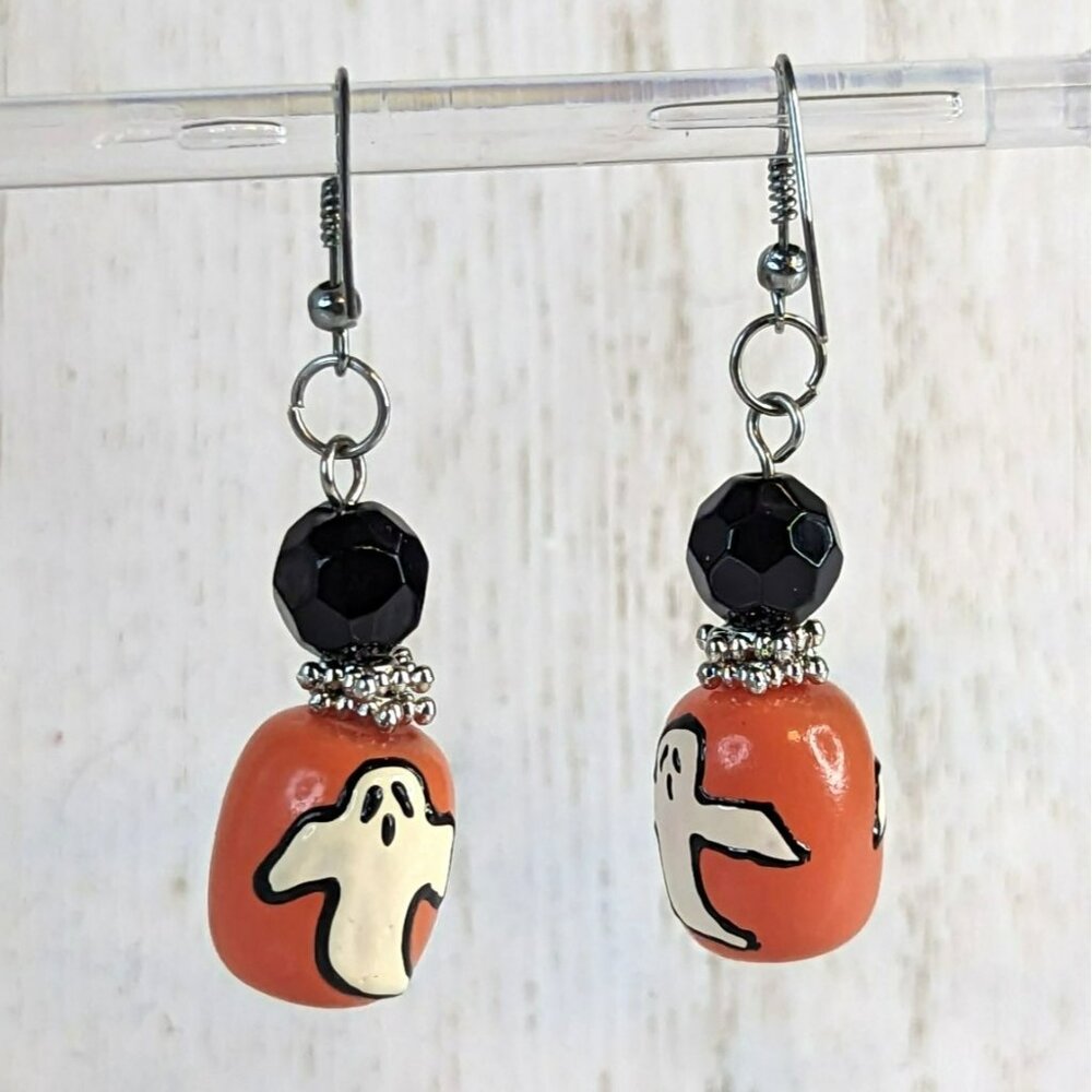 Glass Bead Painted Spooky Ghost Halloween Earrings